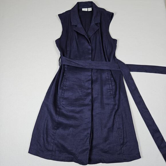 HALSTON Stretch Linen Shirt Dress 8 M Navy Blue Tie Belt Coastal Preppy Pockets - Picture 16 of 16